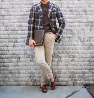 Navy and White Plaid Blazer Outfits For Men: For refined style with a clear fashion twist, you can easily wear a navy and white plaid blazer and beige dress pants. A pair of brown leather tassel loafers is a good choice to round off this ensemble.