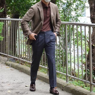 Dark Brown Polo Outfits For Men: When the dress code calls for a casually smart look, pair a dark brown polo with navy dress pants. Dark brown leather tassel loafers will inject an extra dose of polish into an otherwise too-common getup.