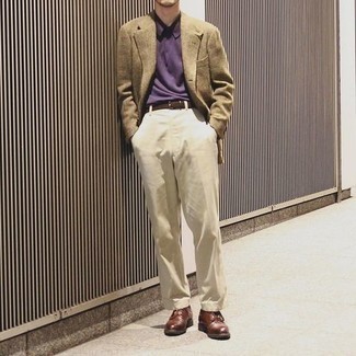 Men's Tan Wool Blazer, Violet Polo, Beige Dress Pants, Brown Leather Derby Shoes