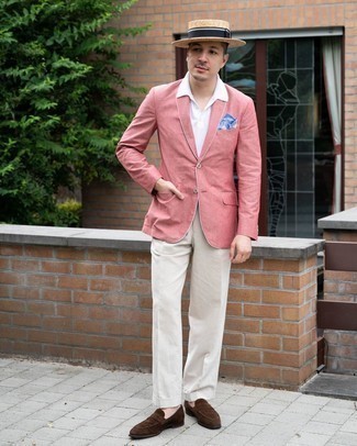 Tan Straw Hat Outfits For Men: This off-duty combo of a pink blazer and a tan straw hat is a real lifesaver when you need to look stylish in a flash. A pair of dark brown suede loafers effortlessly bumps up the wow factor of any outfit.
