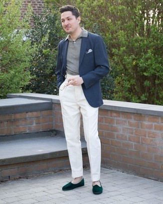 Dark Green Velvet Loafers Outfits For Men: Choose a navy blazer and white dress pants for masculine elegance with a twist. Our favorite of a myriad of ways to complete this ensemble is a pair of dark green velvet loafers.