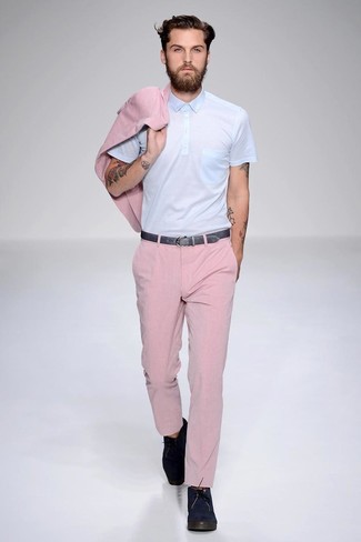 Men's Pink Blazer, Light Blue Polo, Pink Dress Pants, Navy Suede Desert Boots