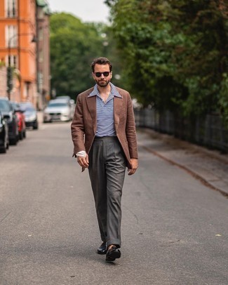 Dark Brown Sunglasses Outfits For Men: To achieve a laid-back getup with a city style take, you can easily opt for a brown linen blazer and dark brown sunglasses. Introduce black leather loafers to your outfit to immediately kick up the style factor of your look.