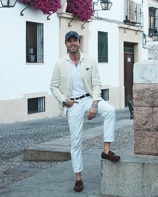 Men's Beige Linen Blazer, White Polo, White Jeans, Dark Brown Leather Driving Shoes