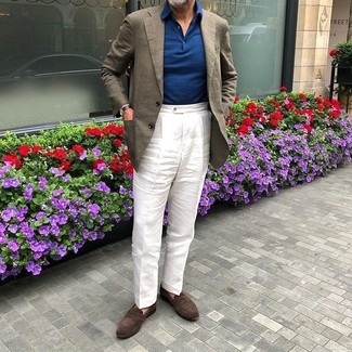 Blue Leather Watch Outfits For Men: Wear a brown linen blazer and a blue leather watch for an easy-to-achieve outfit. Take a classic approach with footwear and add a pair of dark brown suede loafers to this look.