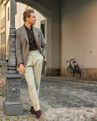 Brown Houndstooth Blazer Outfits For Men: Consider pairing a brown houndstooth blazer with beige dress pants to be the picture of polished men's style. Our favorite of a myriad of ways to round off this ensemble is a pair of dark brown suede tassel loafers.
