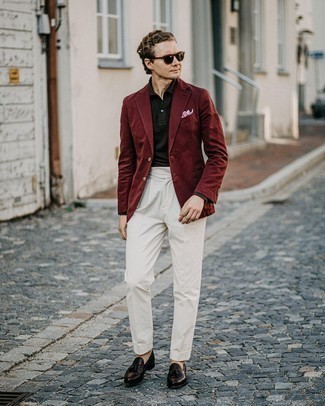 Olive Polo Neck Sweater Outfits For Men: This polished combo of an olive polo neck sweater and white dress pants will cement your styling expertise. A pair of dark brown leather tassel loafers will be a welcome companion for your look.