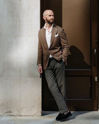 Charcoal Wool Dress Pants Outfits For Men: This combination of a brown herringbone wool blazer and charcoal wool dress pants can only be described as seriously stylish and sophisticated. A pair of black suede tassel loafers is a savvy pick to complete your look.