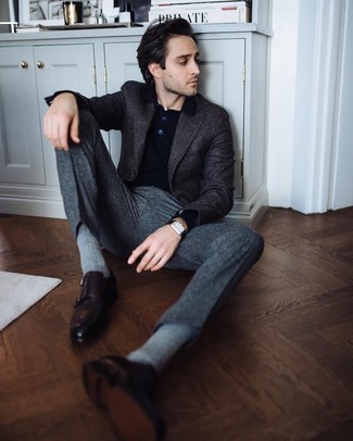 Black Polo Neck Sweater Outfits For Men: When it comes to timeless refinement, this combination of a black polo neck sweater and charcoal wool dress pants is the ultimate look. Feeling inventive today? Shake things up with a pair of dark brown leather double monks.
