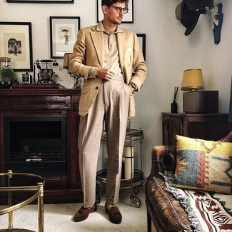 Grey Watch Outfits For Men: This combo of a tan blazer and a grey watch combines comfort and utility and helps keep it clean yet modern. On the fence about how to complete this getup? Rock a pair of dark brown suede tassel loafers to kick it up a notch.