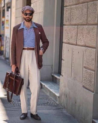 Brown Linen Blazer Outfits For Men: Teaming a brown linen blazer with beige linen dress pants is an amazing choice for a sharp and refined outfit. A pair of dark brown leather loafers makes your look complete.