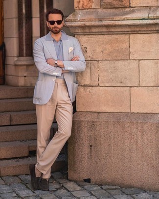 Dark Brown Sunglasses Outfits For Men: No matter where you go over the course of the day, you'll be stylishly prepared in this laid-back combo of a white and navy vertical striped blazer and dark brown sunglasses. A pair of dark brown suede driving shoes easily boosts the style factor of any look.
