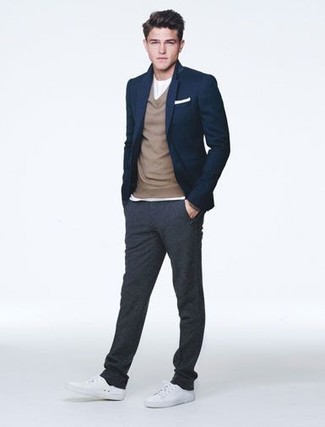 Men's Navy Blazer, Brown Shawl Neck Sweater, White Crew-neck T-shirt, Charcoal Sweatpants