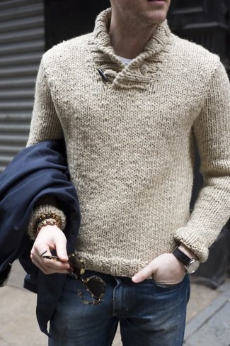Shawl-Neck Sweater Outfits: This combo of a shawl-neck sweater and navy jeans is on the casual side but is also seriously stylish and seriously sharp.