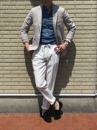 Charcoal Vertical Striped Blazer Outfits For Men: Choose a charcoal vertical striped blazer and white chinos and you'll look extra stylish anywhere anytime. Add a little kick to the look with a pair of black suede loafers.