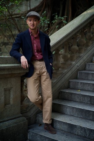 Navy Blazer Fall Outfits For Men: Showcase that you do smart men's fashion like a pro in a navy blazer and khaki chinos. To give this look a more polished aesthetic, complement this ensemble with dark brown suede chelsea boots. As days are getting cooler, you'll discover that an ensemble like this is ideal for autumn.