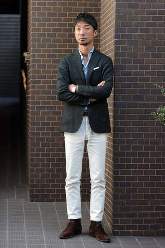 Dark Brown Suede Desert Boots Smart Casual Outfits: Consider teaming a charcoal wool blazer with white chinos to look truly stylish anywhere anytime. Introduce dark brown suede desert boots to the equation and the whole ensemble will come together perfectly.