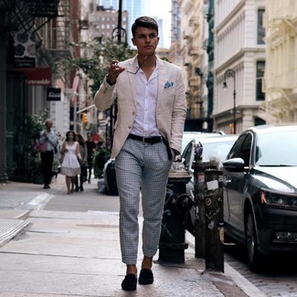 Black Suede Belt Outfits For Men: A beige linen blazer and a black suede belt are indispensable menswear pieces to have in the casual part of your closet. Introduce a pair of black suede loafers to the mix to easily ramp up the classy factor of any look.