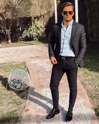 Silver Beaded Bracelet Outfits For Men: Marrying a black plaid blazer with a silver beaded bracelet is an awesome idea for an off-duty but on-trend outfit. Black leather double monks will immediately dress up even the most basic look.