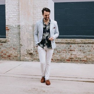 Light Blue Blazer Outfits For Men: This pairing of a light blue blazer and white chinos is a lifesaver when you need to look stylish but have no time. A pair of brown suede loafers effortlessly turns up the fashion factor of any getup.