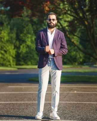 Men's Violet Vertical Striped Blazer, White Short Sleeve Shirt, Grey Chinos, White Canvas Low Top Sneakers