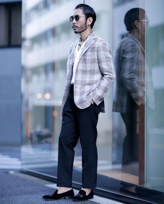 White Print Silk Scarf Outfits For Men: Consider wearing a grey plaid blazer and a white print silk scarf for a carefree, cool-kid vibe. For footwear, you can stick to the classic route with black embroidered velvet loafers.