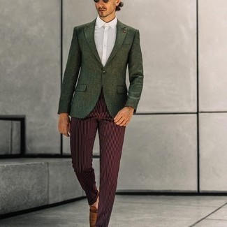 Burgundy Vertical Striped Dress Pants Outfits For Men: Loving how this pairing of a dark green blazer and burgundy vertical striped dress pants immediately makes men look elegant and sharp. Complement your look with brown leather loafers to tie your full outfit together.