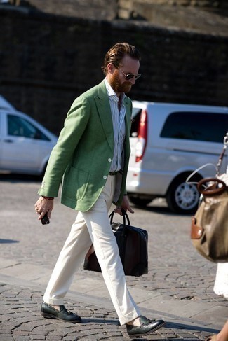 Green Blazer Outfits For Men: This combination of a green blazer and white dress pants is a real life saver when you need to look really classy. If you're hesitant about how to finish, complete this ensemble with dark green leather tassel loafers.