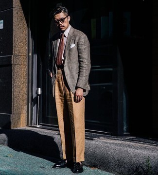 Tobacco Tie Outfits For Men: This getup proves it pays to invest in such smart menswear items as a brown plaid blazer and a tobacco tie. When in doubt as to the footwear, introduce black leather tassel loafers to the mix.