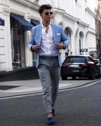 Blue Suede Tassel Loafers Outfits: Wear a light blue blazer with grey gingham dress pants if you're aiming for a proper, fashionable outfit. A pair of blue suede tassel loafers looks perfect completing this look.