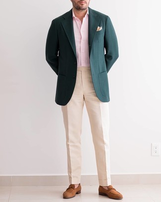 Pink Short Sleeve Shirt Outfits For Men: For a look that's nothing less than camera-worthy, consider teaming a pink short sleeve shirt with beige dress pants. If you want to easily elevate your ensemble with a pair of shoes, why not introduce a pair of brown suede loafers to the mix?