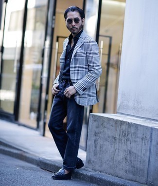 Navy Leather Loafers Outfits For Men: A grey houndstooth blazer and navy jeans are a nice outfit to have in your current off-duty rotation. Feeling bold? Class up your getup with navy leather loafers.
