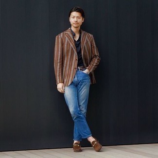 Brown Woven Leather Belt Outfits For Men: A brown vertical striped blazer and a brown woven leather belt paired together are the ideal look for those dressers who love casually cool outfits. Unimpressed with this getup? Enter a pair of brown suede loafers to switch things up.