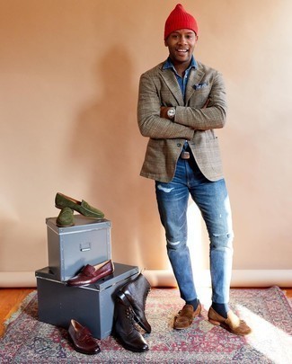 Dark Brown Suede Monks Outfits: You'll be surprised at how super easy it is for any gent to get dressed like this. Just a tan plaid blazer matched with blue ripped jeans. Why not introduce dark brown suede monks to the mix for an added touch of style?