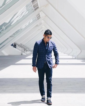 Navy Suede Brogues Outfits: Fashionable and functional, this relaxed combo of a navy plaid blazer and navy jeans will provide you with variety. Puzzled as to how to complete this ensemble? Wear navy suede brogues to ramp up the classy factor.
