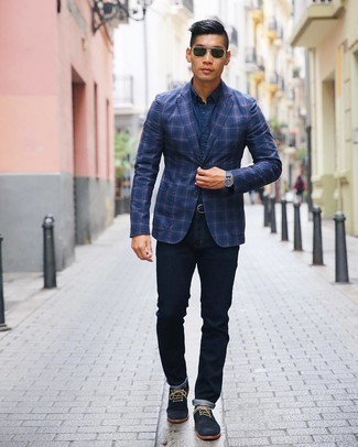 Black Suede Derby Shoes Outfits: This pairing of a navy plaid blazer and navy jeans is the ultimate off-duty outfit for today's guy. And if you want to easily up your ensemble with one single item, why not throw a pair of black suede derby shoes into the mix?