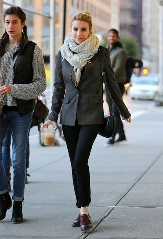 Emma Roberts wearing Charcoal Blazer, Black Skinny Jeans, Dark Purple Leather Derby Shoes, Black Leather Crossbody Bag