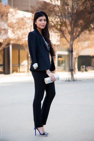 Navy Blazer Outfits For Women: A navy blazer and navy dress pants are the kind of stylish items that you can wear for years to come. A pair of blue suede heeled sandals is a surefire footwear style that's also full of personality.