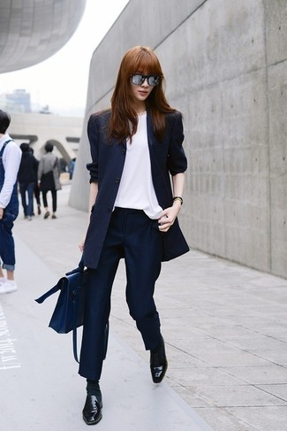 Women's Navy Vertical Striped Blazer, White Silk Sleeveless Top, Navy Vertical Striped Dress Pants, Black Leather Loafers