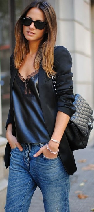 Women's Black Blazer, Black Leather Sleeveless Top, Blue Jeans, Black Quilted Leather Crossbody Bag