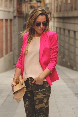 Women's Hot Pink Blazer, Beige Silk Sleeveless Top, Olive Camouflage Jeans, Beige Suede Clutch
