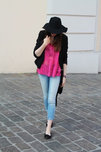 Women's Black Blazer, Hot Pink Pleated Sleeveless Top, Light Blue Skinny Jeans, Black Suede Ballerina Shoes