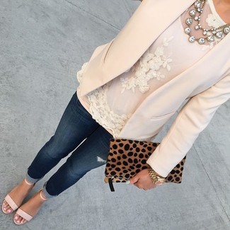 White Lace Sleeveless Top Outfits: The formula for a neat relaxed getup? A white lace sleeveless top with navy skinny jeans. For something more on the elegant side to complement your look, add a pair of beige leather heeled sandals to your ensemble.