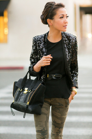 Women's Black Sequin Blazer, Black Sleeveless Top, Olive Camouflage Skinny Jeans, Black Suede Satchel Bag