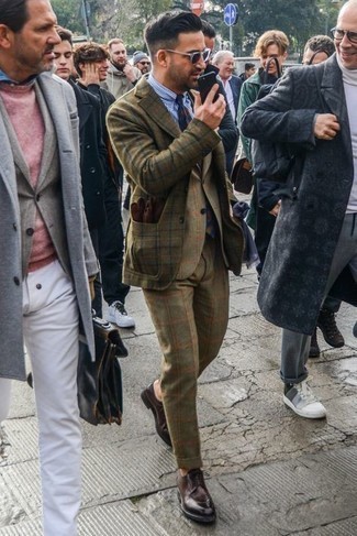 Men's Olive Plaid Wool Blazer, Olive Check Suit, White and Blue Vertical Striped Dress Shirt, Dark Brown Leather Derby Shoes