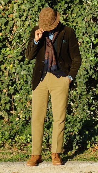 Tan Wool Bucket Hat Outfits For Men: If you love comfort dressing, why not try teaming a dark brown corduroy blazer with a tan wool bucket hat? If you need to immediately step up your ensemble with one single piece, why not complement your outfit with a pair of tan suede casual boots?