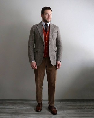 Tobacco Corduroy Dress Pants Outfits For Men: For an outfit that's smart and camera-worthy, try pairing a grey wool blazer with tobacco corduroy dress pants. Let your sartorial chops really shine by complementing this ensemble with a pair of brown leather derby shoes.