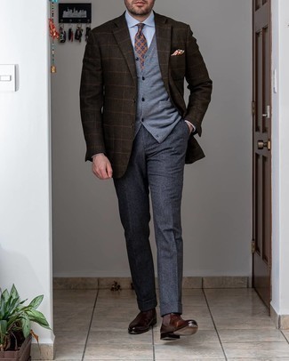 Charcoal Wool Dress Pants Outfits For Men: Combining a dark brown check blazer and charcoal wool dress pants is a fail-safe way to infuse style into your styling arsenal. Our favorite of a multitude of ways to round off this outfit is with a pair of dark brown leather chelsea boots.