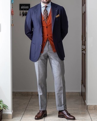 Dark Brown Leather Double Monks Warm Weather Outfits: Rock a navy blazer with grey dress pants to have all eyes on you. Complete your outfit with dark brown leather double monks and you're all done and looking incredible.