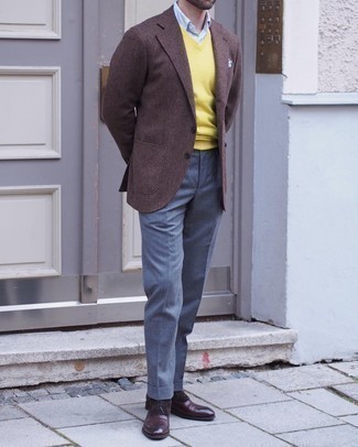 Dress Boots Outfits For Men: Putting together a brown wool blazer with grey dress pants is an on-point idea for a classic and polished look. A pair of dress boots looks wonderful here.